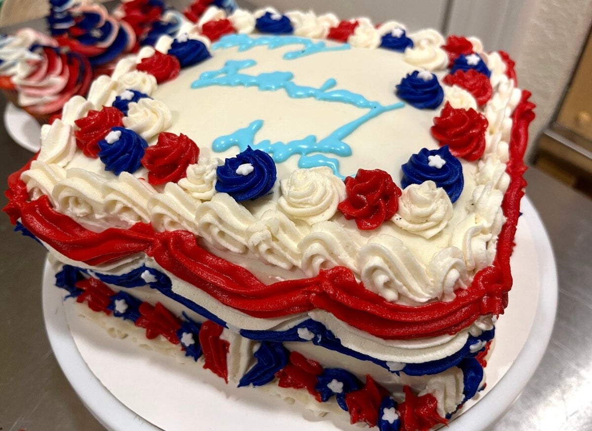 Custom red, white, and blue celebration cake